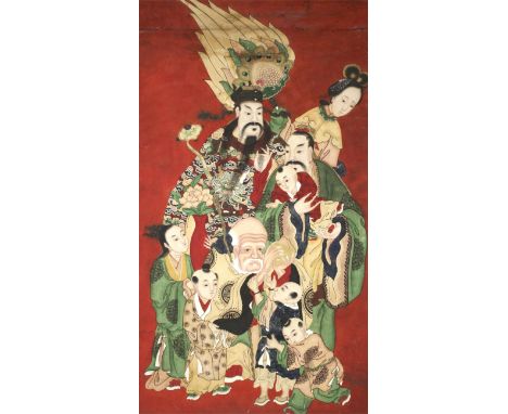 A Chinese late 19th century woodblock print. With printed outline and handcoloured with a Immortals and attendants, reserved 
