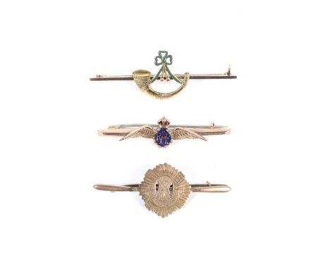 Three 9ct gold sweetheart brooches. One being RAF, with enamel detailing, another the Royal Scots, combined weight 7.5g