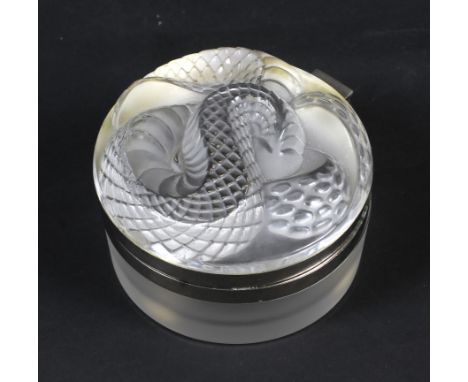A Lalique white metal mounted frosted glass powder pot and hinged cover. Etched Lalique France to underside, the top moulded 