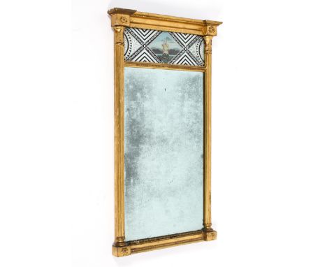 A 19th century pier mirror. With decorative verre eglomise panel decorated with a central painted galleon under sail within a