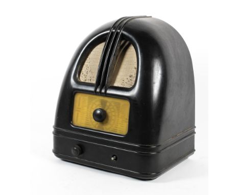 A 1930s bakelite Philco People's Set radio. Model no 444, with central dial above speaker and two lower dials (one lacking), 