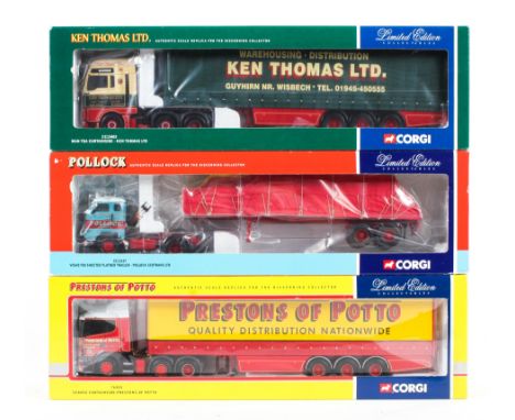 Three boxed Corgi Limited Edition 1:50 scale diecast trucks and trailers. Comprising a Man TGA Curtainside 'Ken Thomas' Ltd, 