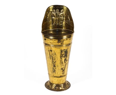 An early 20th century Dutch brass stick stand. With embossed decoration depicting three men in conversation and a boat and wi