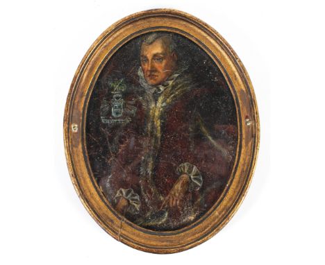 A 17th century style portrait of gentleman, oil on board. The man seated wearing a fur edged red jacket, beside a coat of arm