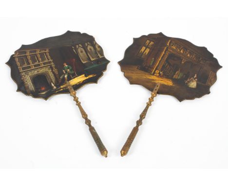 A pair of 19th century lacquered, painted and gilt wooden face fire screens. One painted with a man seated at a fireside and 