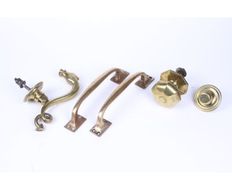 A late 19th early 20th century door knocker set. Comprising a serpent knocker with knocker stop and door handle with plate, t