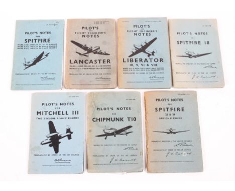 Seven pilot logs. Comprising Pilot's Notes for Spitfire 22 &amp; 24 Griffon 61 Engine, Mitchell III Two Cyclone R-2600-29 Eng
