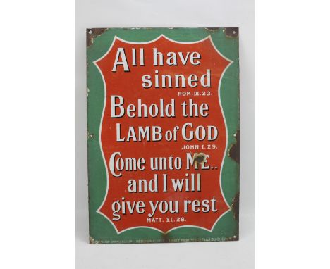 An unusual religious Bible quotes enamel sign by protector enamel eccles. The sign reading; All have sinned, Rom III 23, beho