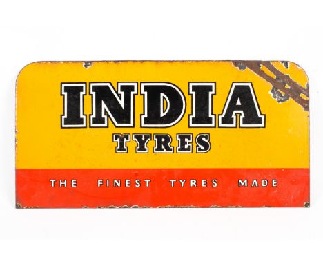 An 'India Tyres, The Finest Made' enamel double sided advertising sign. Of shaped form, in orange and red, W61cm x H30.5cm