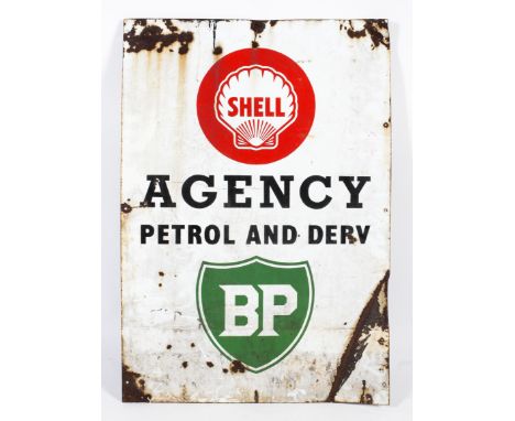 A Shell and BP Agency Petrol rectangular enamel advertising sign. Printed with the logos on a white ground, W69cm x H99cm
