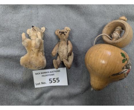 Collectables; Vintage Toys: Steiff pair including: Steiff miniature teddy bear, missing button, very worn and missing majorit