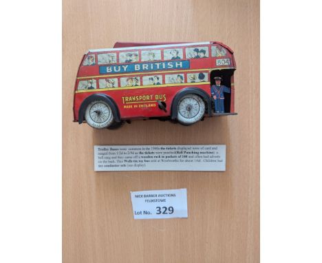 Diecast; Tinplate: Wells O' London (Wells Brimtoy) 804 'BUY BRITISH' London red tinplate clockwork bus; decent condition with