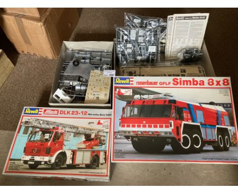 Diecast: Revell kits, large scale, including: Firetruck DLK23-12 Mercedes Benz 1422 (7504) and Rosenbauer GFLF Simba 8 x 8 (7