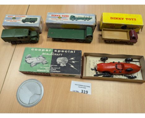 Diecast: Assortment of boxed and unboxed Dinky toys; trucks, army; good conditions; plus Scalecraft Cooper Special racing car