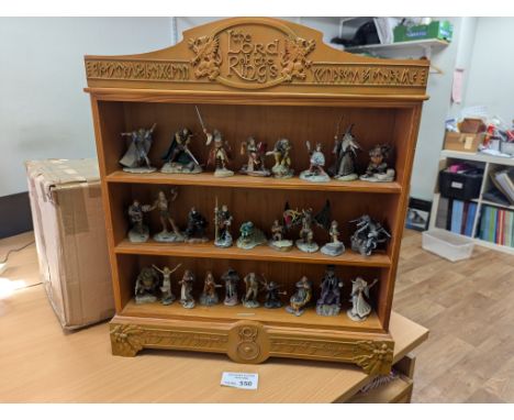 Collectables: Danbury Mint The Lord of the Rings figures on wooden display shelf; would benefit from cleaning, otherwise Good