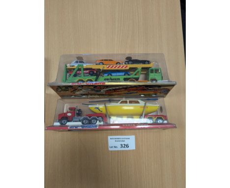 Diecast: Majorette 3000 Series truck Renault car carrier trailer, ref 3090, boxed; plus sailboat, series 3000, ref 3042, boxe