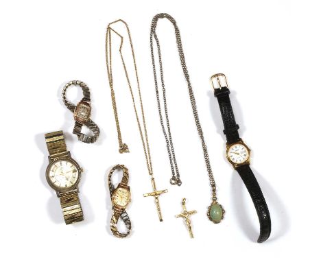 Four watches and a small group of costume jewellery, comprising a ladies' 9ct gold Renown mechanical bracelet watch, London 1