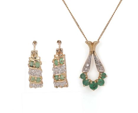 A 9ct gold emerald pendant and similar pair of silver gilt earrings, a 9ct gold emerald and diamond pendant, designed as a fi