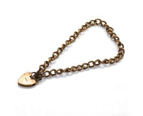 A 9ct gold curb link bracelet with heart shaped clasp, a solid curb link bracelet, links stamped '375', to a heart shaped pad