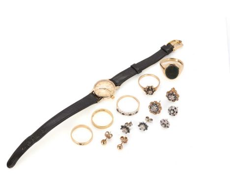 A ladies' gold Omega watch and a small collection of gold jewellery, comprising: a gold Omega mechanical strap watch, 19mm di