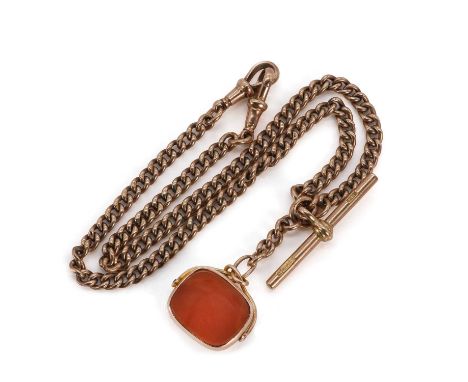 A gold Albert chain with a gold carnelian and bloodstone spinning fob, a hollow curb link Albert chain, suspending a T bar,  