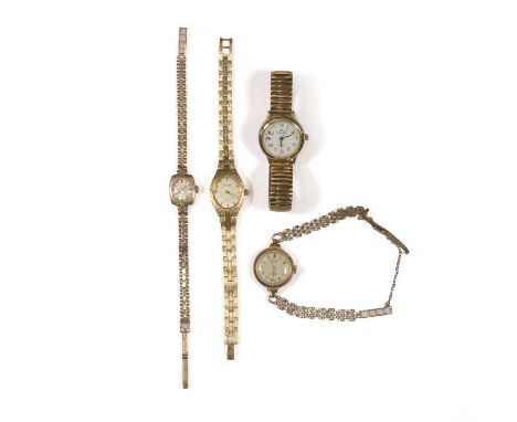 Two ladies' 9ct gold wristwatches and bracelets, together with two others and a booklet on Swiss watches, the first by Verity
