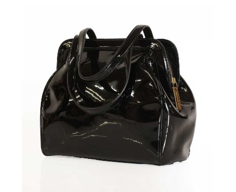 A black patent leather Lulu Guinness bag,  dual flat handles, gold tone hardware, zip closure with interior zip pocket and ph