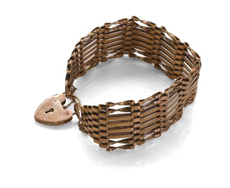 A 9ct gold gate bracelet with heart padlock, with plain flat and twisted links, to a heart padlock clasp and cable link safet