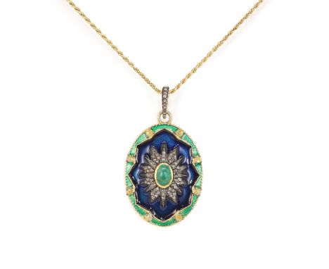 A silver gilt enamel, emerald and diamond large oval pendant, a central oval emerald cabochon, to an oxidised star shaped sur