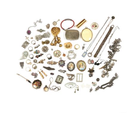 A collection of vintage paste and costume jewellery, to include a Victorian micromosaic brooch, a tri-coloured gold and silve