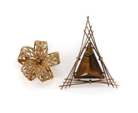 A gold tiger's eye pendant/brooch and a 9ct gold floral ribbon brooch, comprising a gold tiger's eye pendant/brooch, with a t