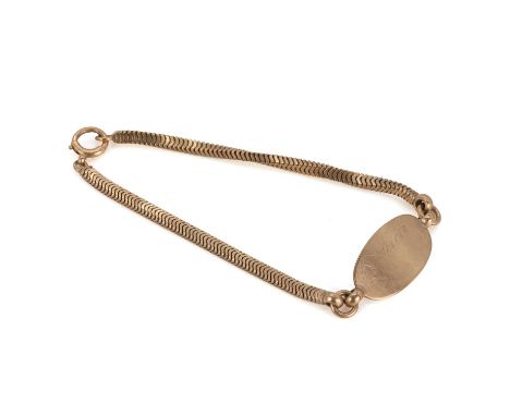 A gold identity bracelet, a plain curved oval disc, inscribed 'L. Walker' and 'KKBL 99-1' verso, to a square snake link chain