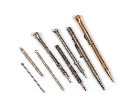A collection of silver, gilt and other pencils, swizzle sticks etc., to include a retractable pencil with sharpener, bright c