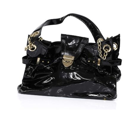 An Aspinal of London black patent leather tote,  gold tone hardware, single flat handle, interior with zip pocket, with dust 