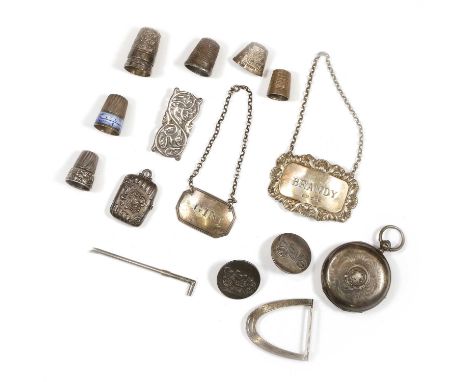 A collection of silver objets, to include an 1837 silver gin bottle label by Edward, Edward junior, John &amp; William Barnar