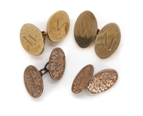 Two pairs of gold chain link cufflinks, comprising a pair of 18ct gold cufflinks, with oval plates hand engraved with the ini