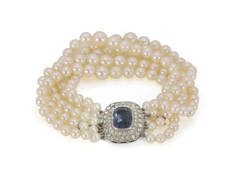 A five row graduated cultured pearl and paste bracelet, with graduated cultured pearls 4.40mm to 7.72mm in size, untested, st