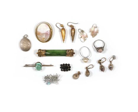 A collection of historic or gem set jewellery, to include an antique nephrite jade bar brooch with bright cut engraved mounts