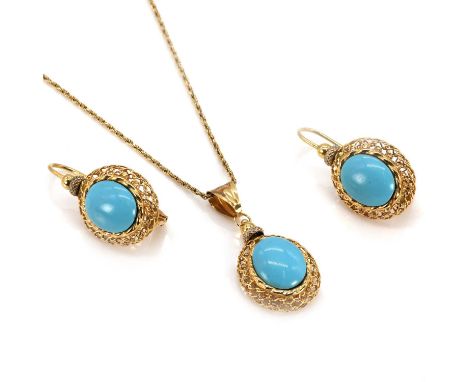 A gold and simulated turquoise pendant and earring set, the earrings featuring an oval cut simulated turquoise within an open