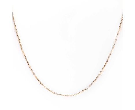 An Italian 9ct gold box link chain, with box link chain sections alternating to spaced elongated links, into a bolt ring clas