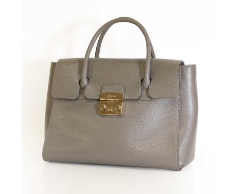 A grey Furla handbag,  dual rolled handles with detachable shoulder strap, silver tone hardware, front locking with interior 