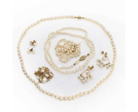 A quantity of cultured pearl necklaces and earrings, the first necklace with uniform 6mm cultured pearls to a ball clasp stam