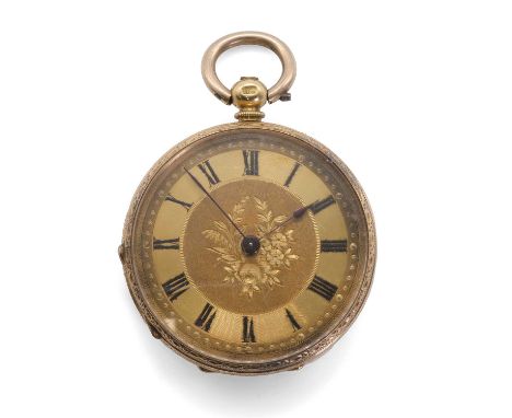 An 18ct gold open face pocket watch, 37mm diameter, the gold dial with black Roman numerals, blued hands, gold minute dots an