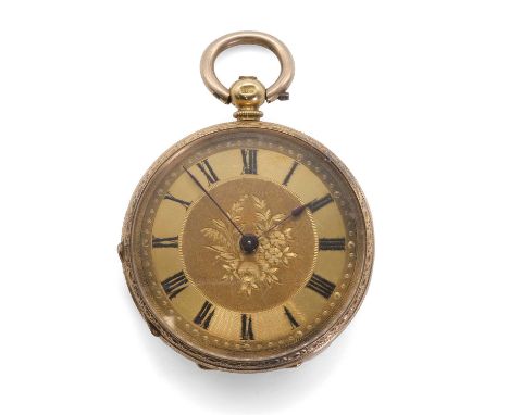 An 18ct gold open face pocket watch, 37mm diameter, the gold dial with black Roman numerals, blued hands, gold minute dots an