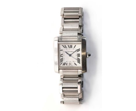 A stainless steel Cartier Tank Française automatic bracelet watch,  the case 28mm x 32mm, with a silvered guilloché  enamel d