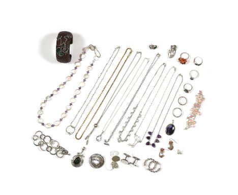 A collection of silver  to include a silver brooch, by Ola Gorie, common control mark 925, a silver cultured coin pearl and a
