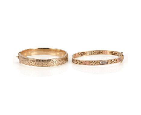 Two gold hinged bangles, comprising a 9ct three colour gold solid oval bangle, to a concealed box clasp and two figure of eig