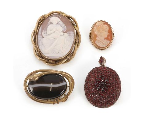 A small group of antique brooches/pendants,  the first a large oval banded agate collet set within an open frame of a twined 