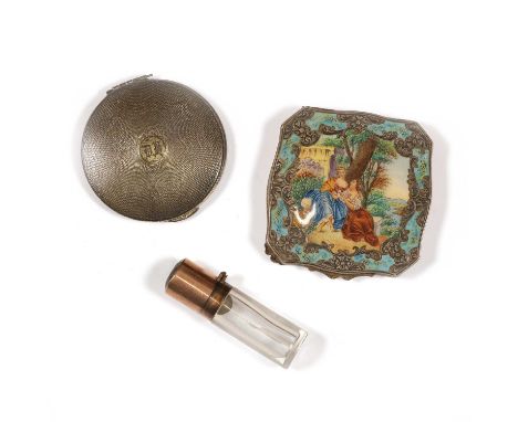 A vintage enamel powder compact, a silver one by KIGU and a citrine topped scent bottle, the a square compact with shaped out