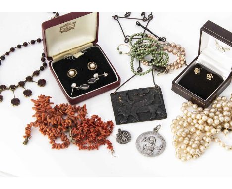 Two 9ct gold stud earrings,  both boxed, one pair centred with cultured pearl, together with costume jewels including silver 